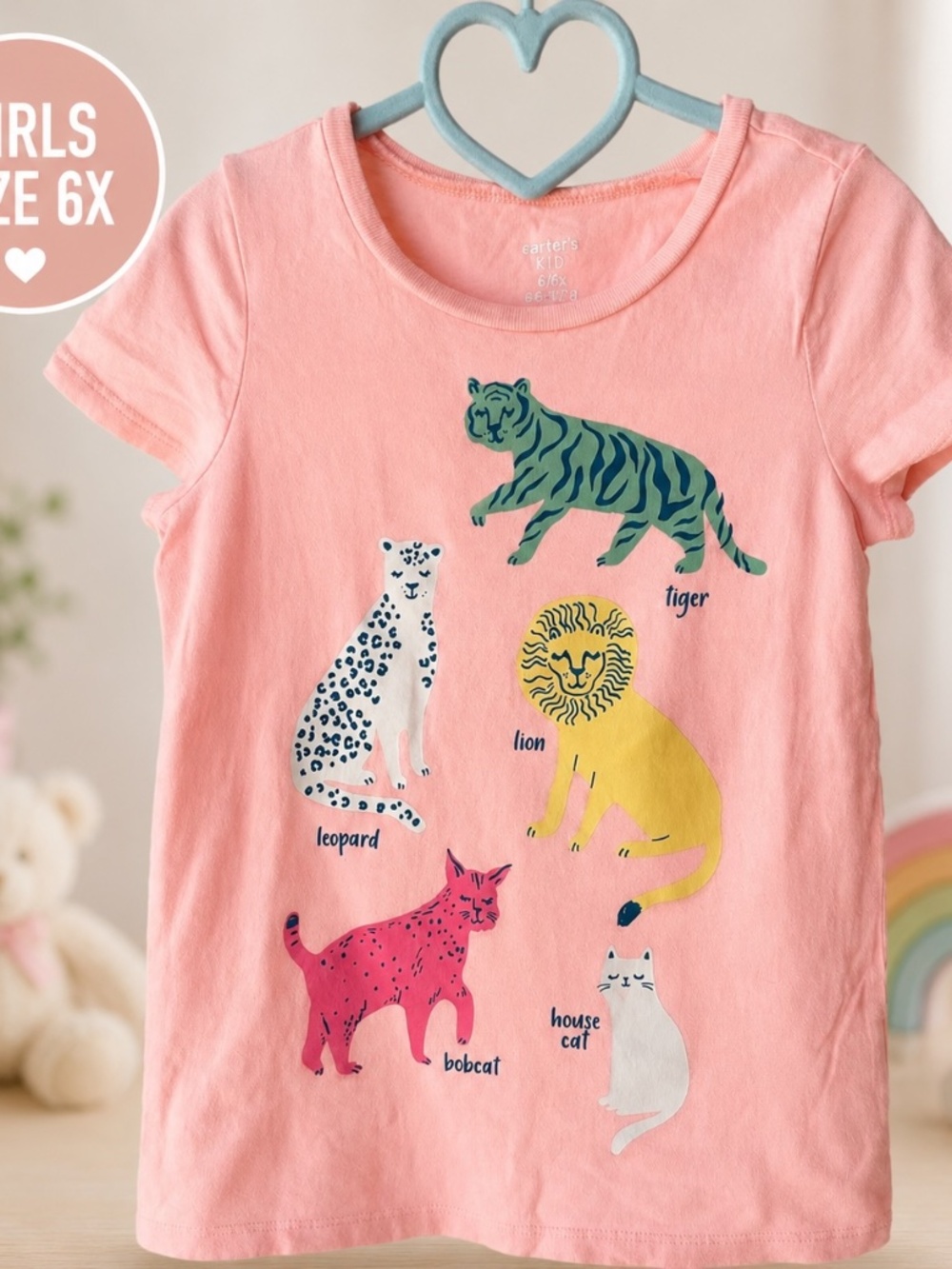 Carter’s Girls Pink Big Cats Animal Graphic T-Shirt Size 6X